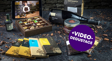 Dárkový balíček čokolád, vína, rumu a kávy + videodegustace s čokoládovovnou Janek