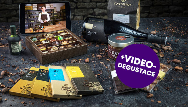 Dárkový balíček čokolád, vína, rumu a kávy + videodegustace s čokoládovovnou Janek